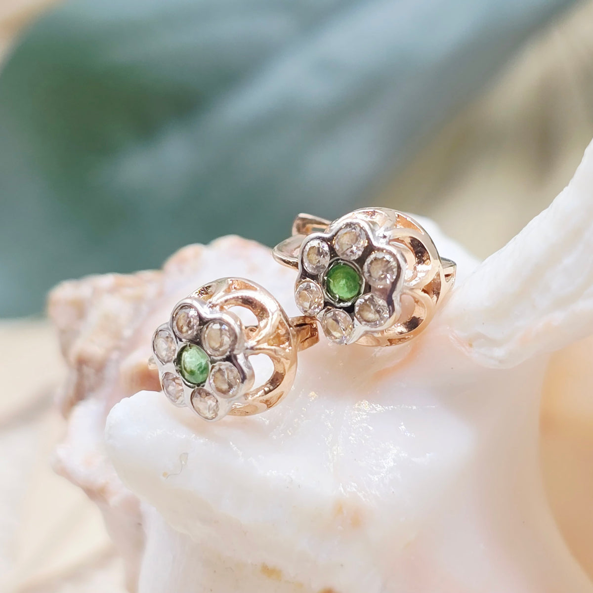Ohrringe Weiß und Rotgold 585 14kt Zirkonia weiß und grün 13*7mm