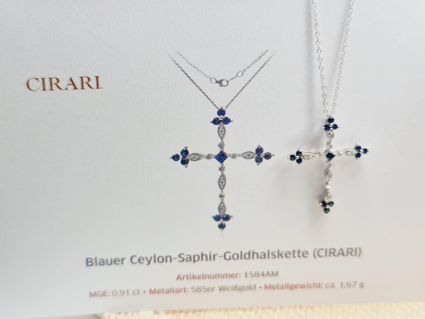 Collier Kreuz Safir Brillanten 45,5cm 585 14 KT Weißgold