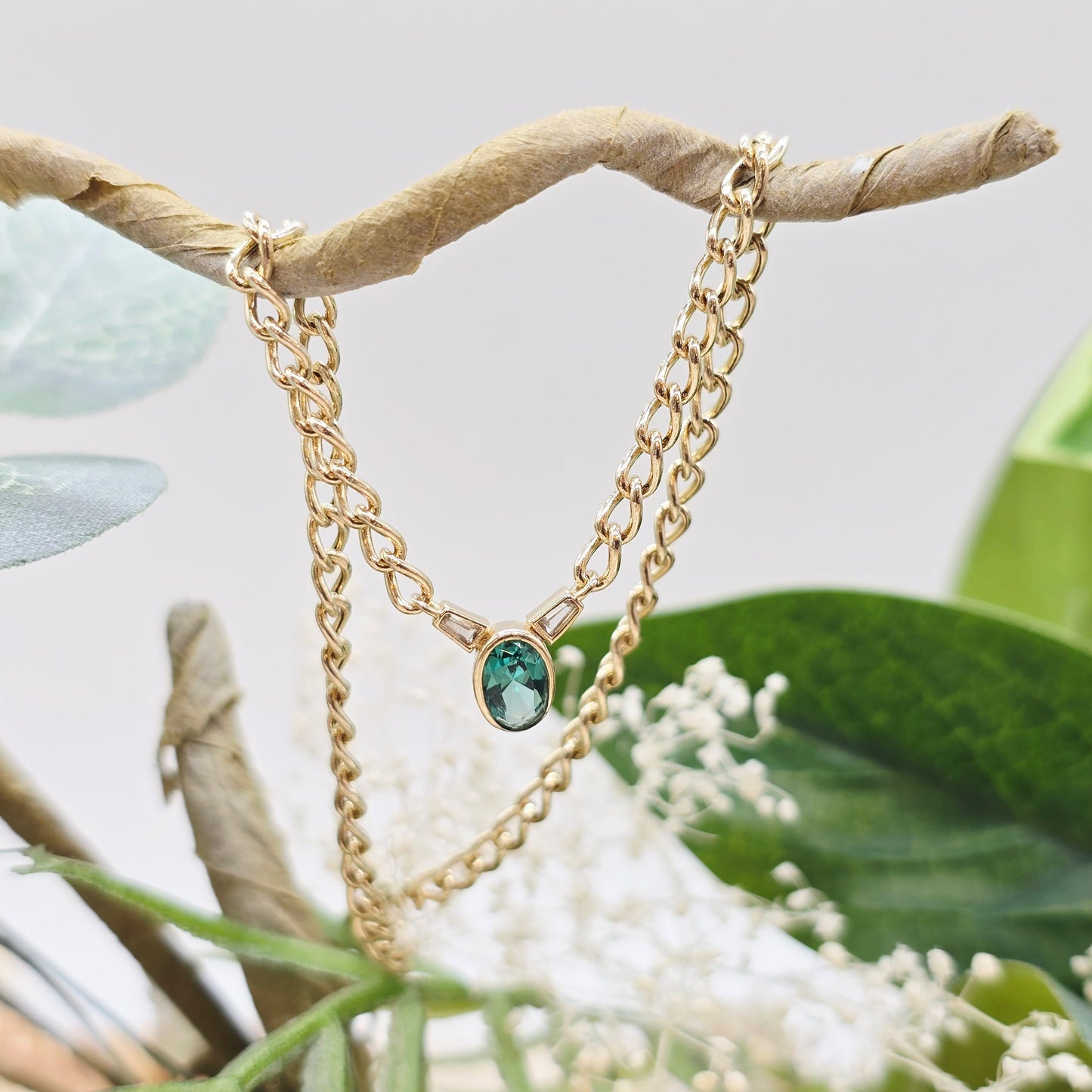 Collier Gold Panzer 585 14kt Weiße und Grüne Zirkonia Länge 45cm