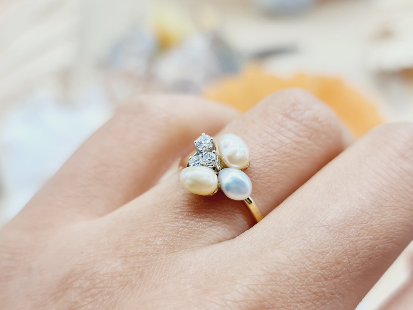 Ring Perlen Brillanten 585 14 KT Gold Gr. 53