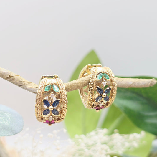 Ohrringe Gelbgold 585 14 kt Brillanten, Smaragd, Safir und Rubine