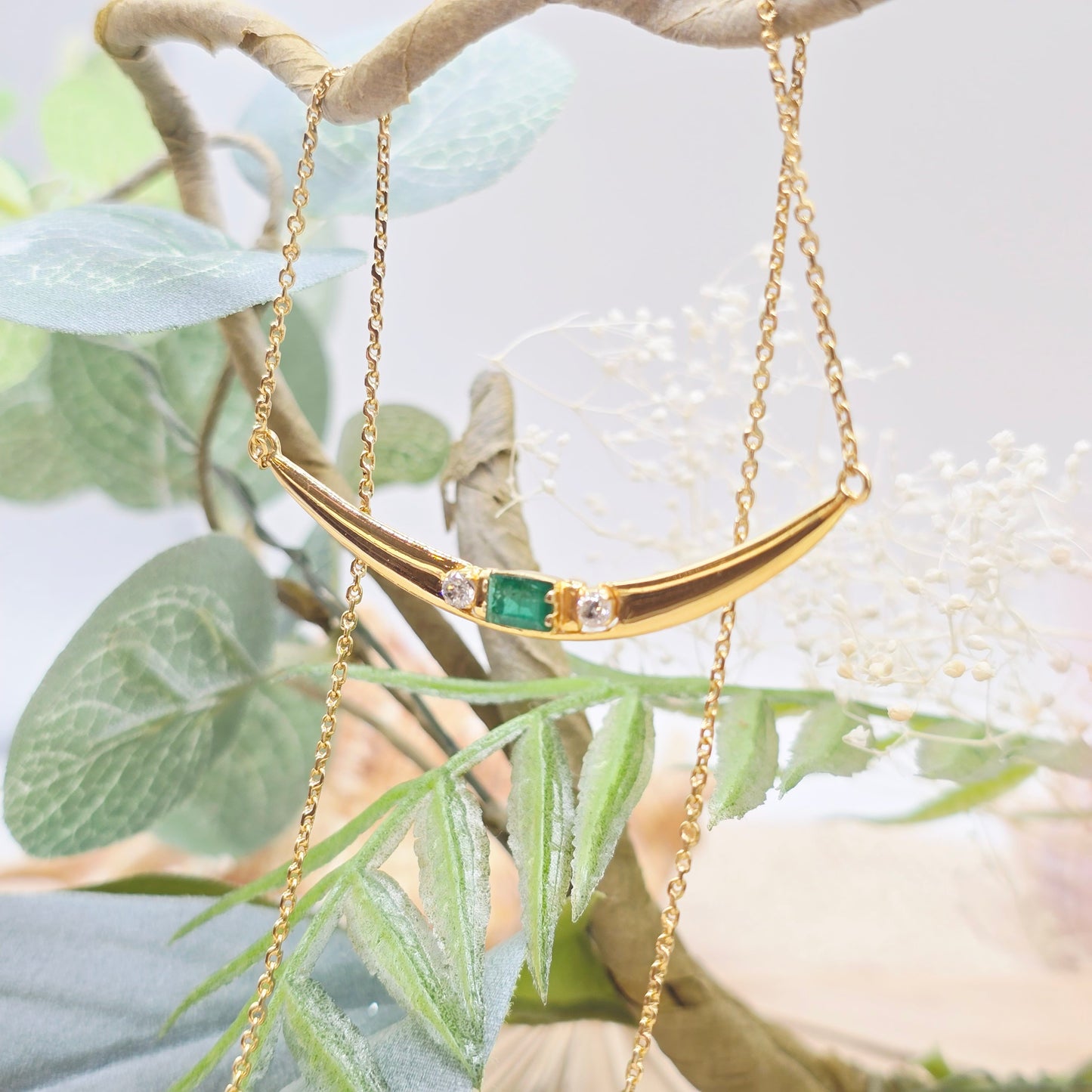 Collier Gold 750 18kt 1 Smaragd und 2 Brillanten 43cm