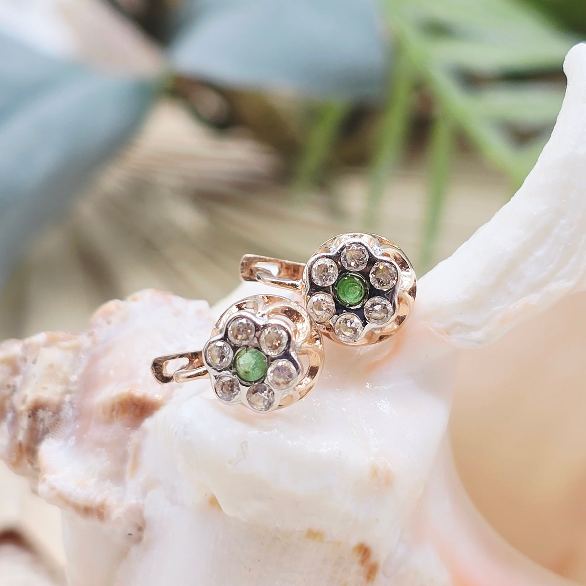 Ohrringe Weiß und Rotgold 585 14kt Zirkonia weiß und grün 13*7mm