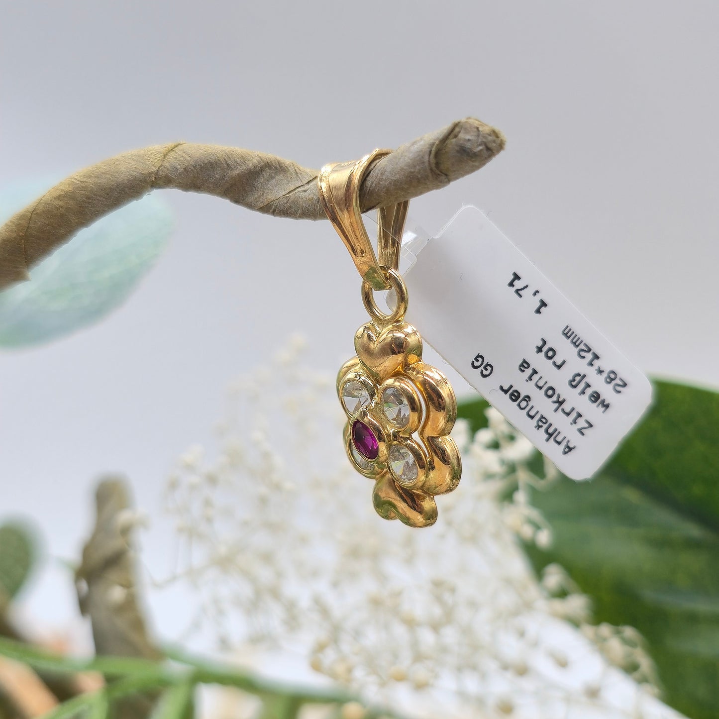 Anhänger Gold 750 18kt Kleeblatt mit Zirkonia rot und weiß