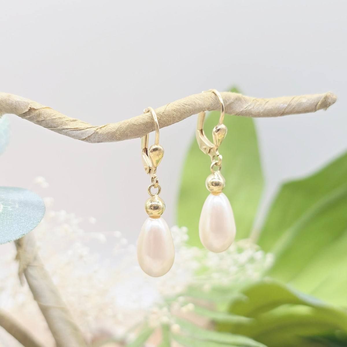 Ohrringe Gelbgold 585 14kt Perlen Tränen Gr: 33*7mm