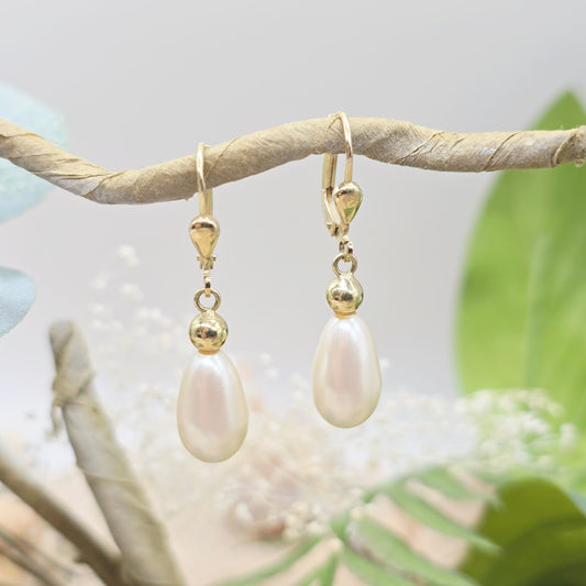 Ohrringe Gelbgold 585 14kt Perlen Tränen Gr: 33*7mm