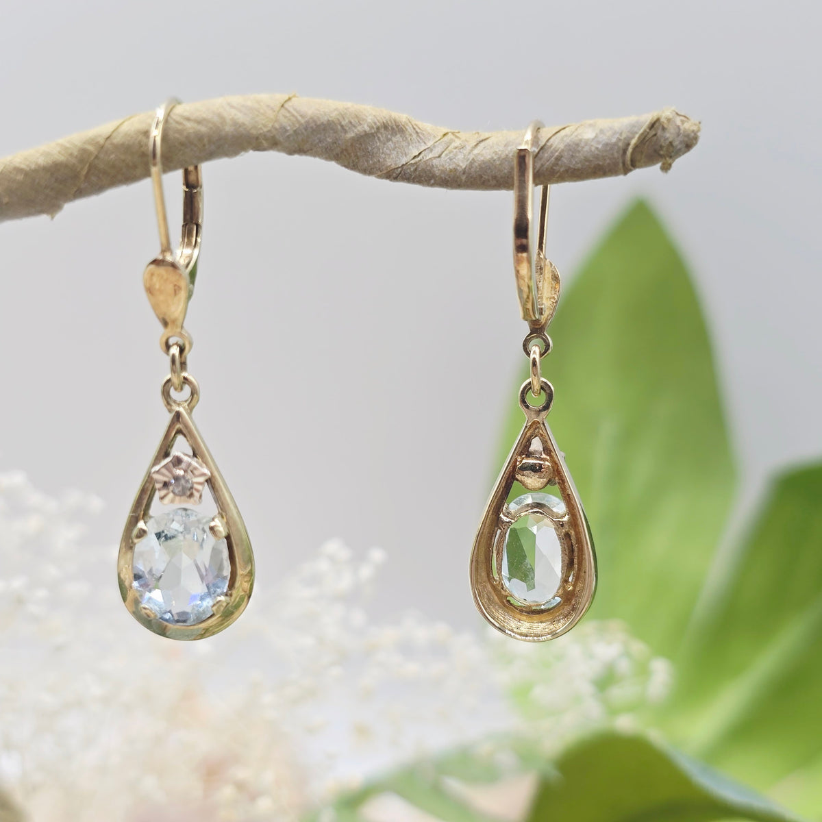 Ohrringe Gelbgold 585 14kt Aquamarin, Brillanten Gr: 35*9mm