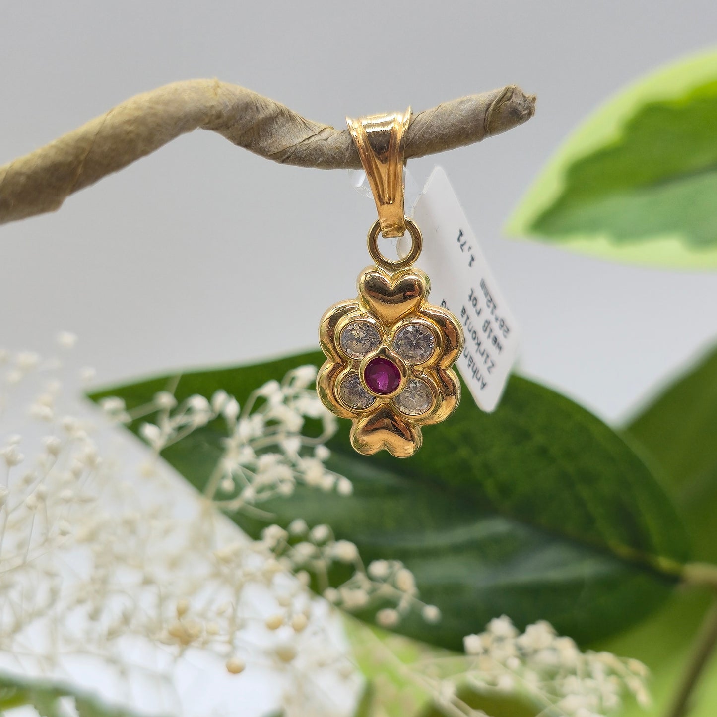 Anhänger Gold 750 18kt Kleeblatt mit Zirkonia rot und weiß