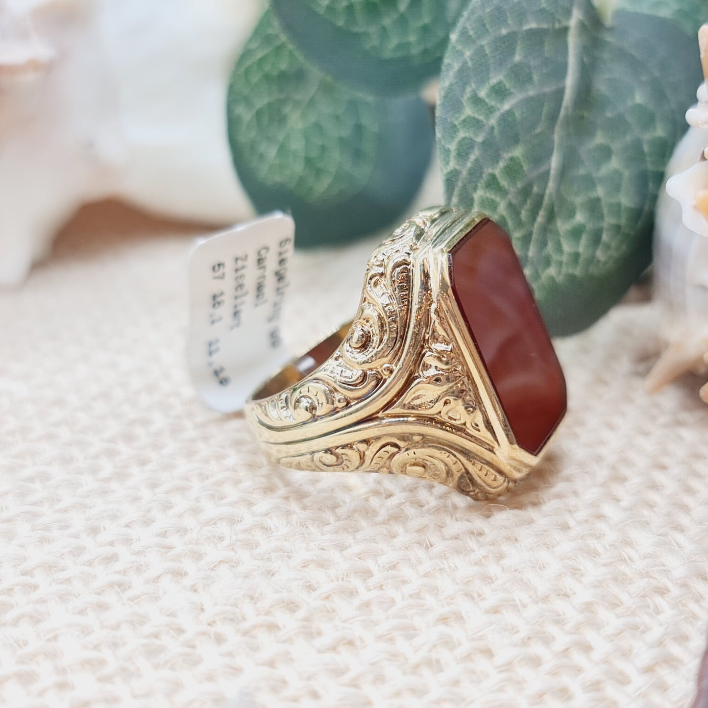 Ring Siegelring Carneol Ziseliert 585 14KT Gold Gr. 57