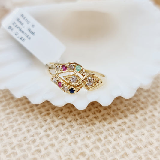Ring Gold 585 Smaragd,Rubin,Zirkonia 14kt Gr: 56