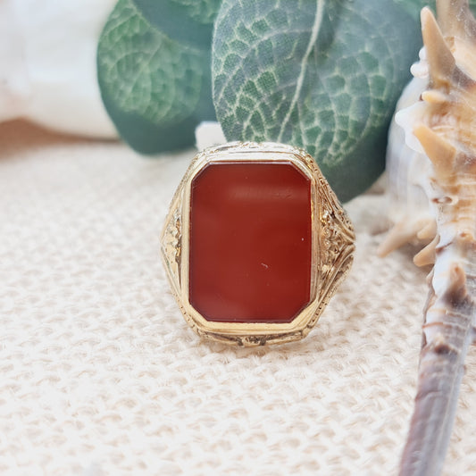 Ring Siegelring Carneol Ziseliert 585 14KT Gold Gr. 57
