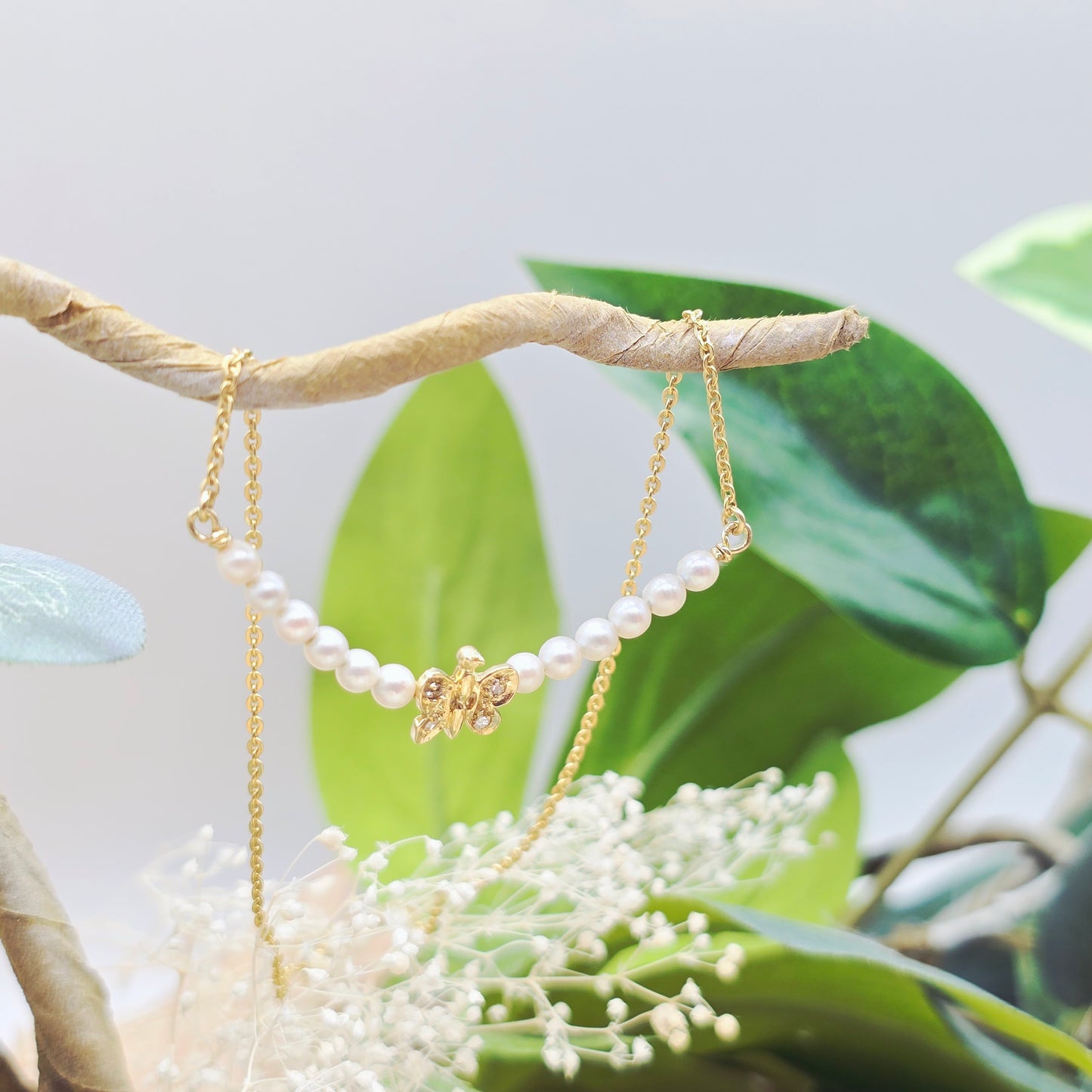 Collier Gold 585 14kt Schmetterling, Brillanten, Perlen 42cm