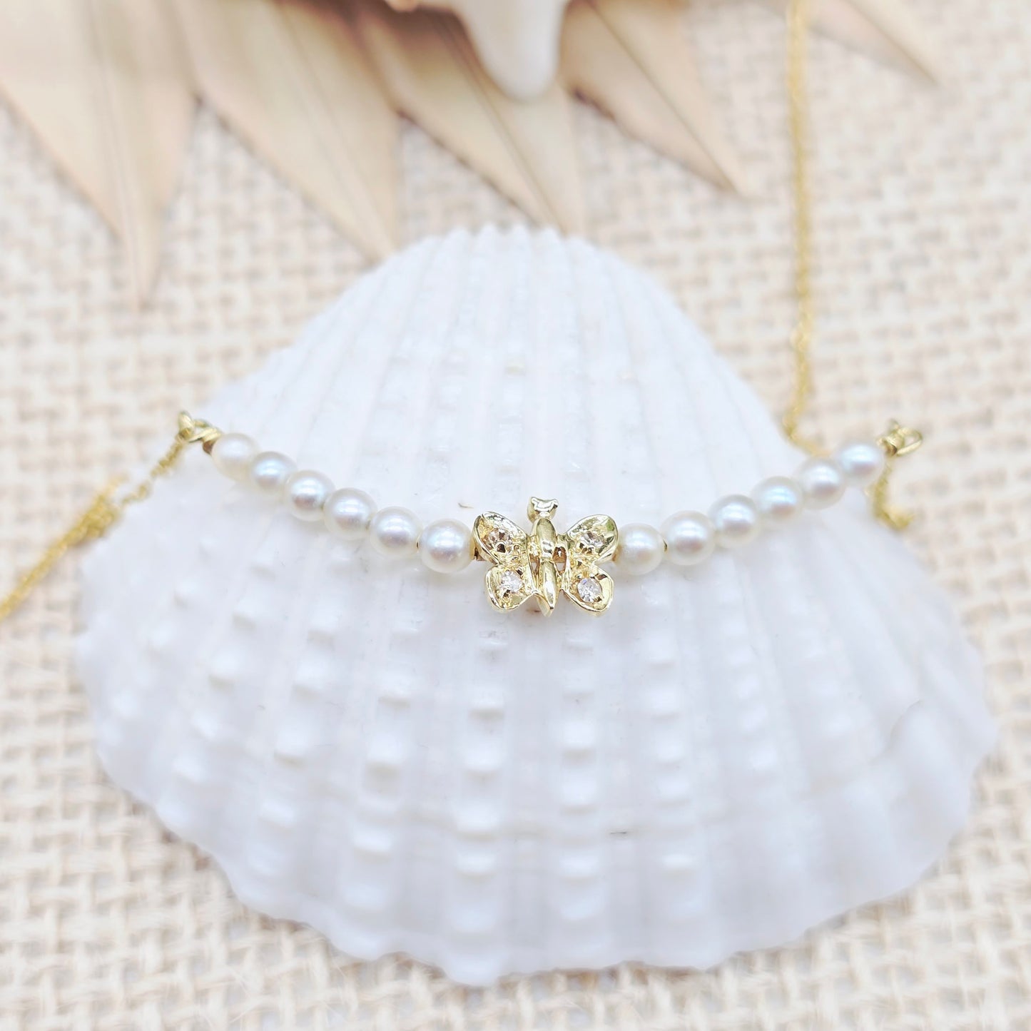 Collier Gold 585 14kt Schmetterling, Brillanten, Perlen 42cm