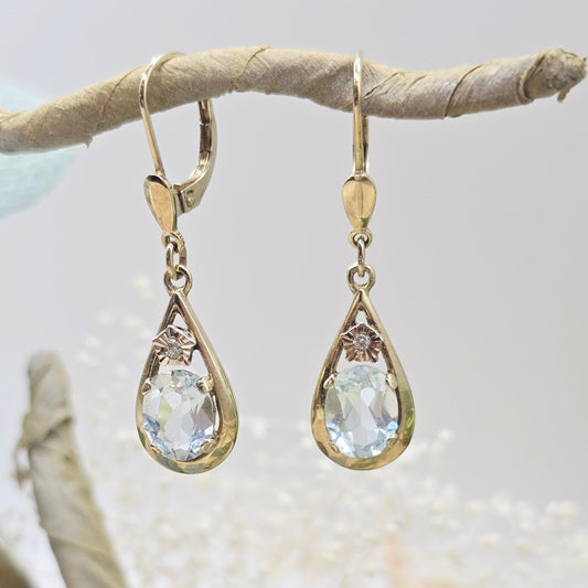 Ohrringe Gelbgold 585 14kt Aquamarin, Brillanten Gr: 35*9mm