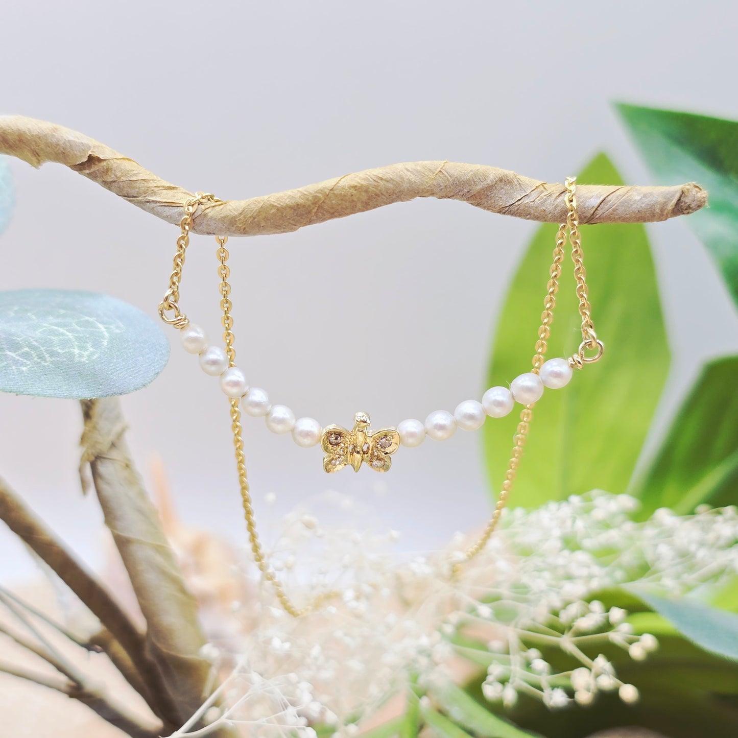 Collier Gold 585 14kt Schmetterling, Brillanten, Perlen 42cm