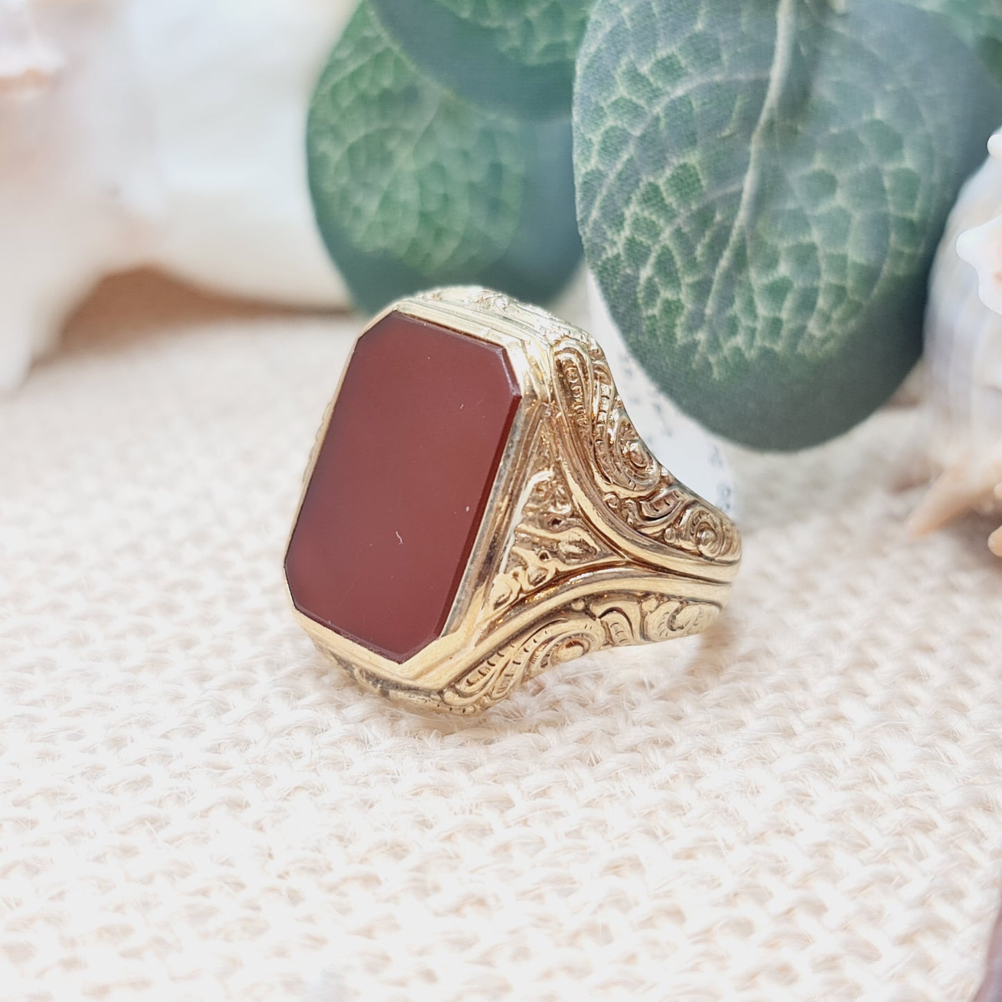 Ring Siegelring Carneol Ziseliert 585 14KT Gold Gr. 57