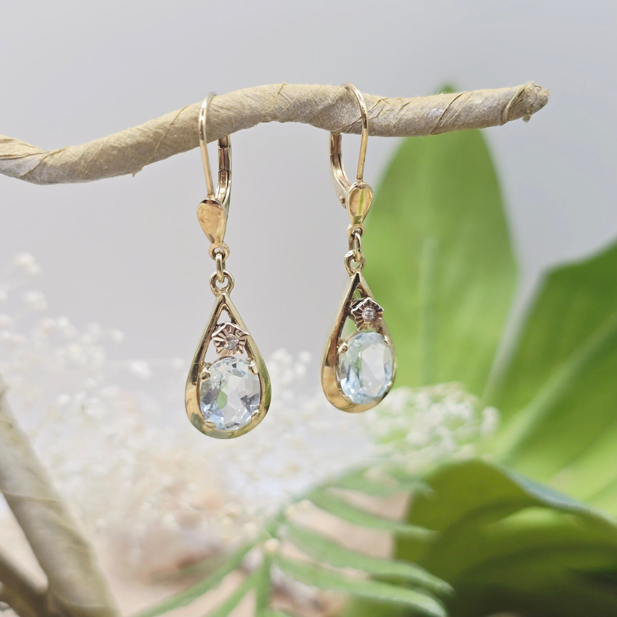 Ohrringe Gelbgold 585 14kt Aquamarin, Brillanten Gr: 35*9mm