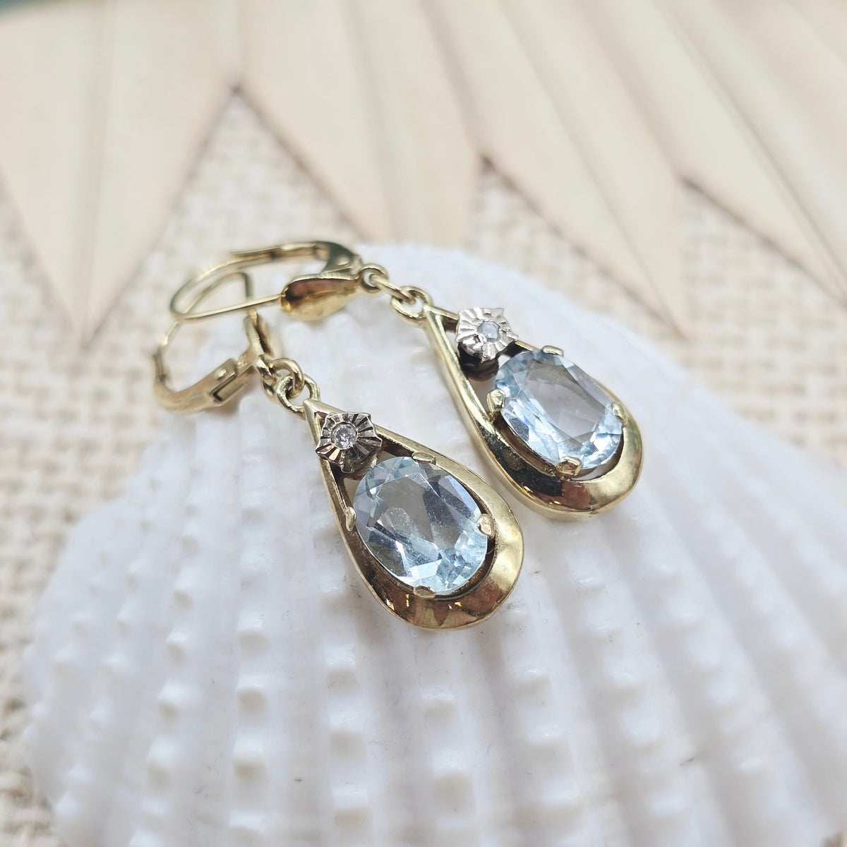 Ohrringe Gelbgold 585 14kt Aquamarin, Brillanten Gr: 35*9mm