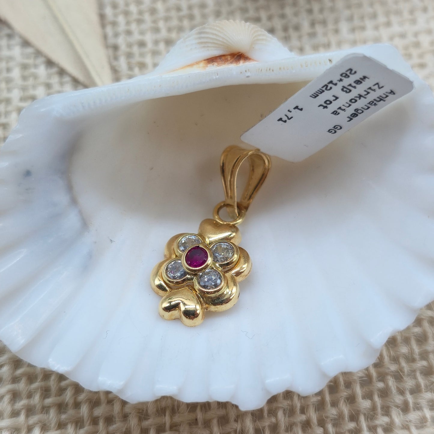 Anhänger Gold 750 18kt Kleeblatt mit Zirkonia rot und weiß
