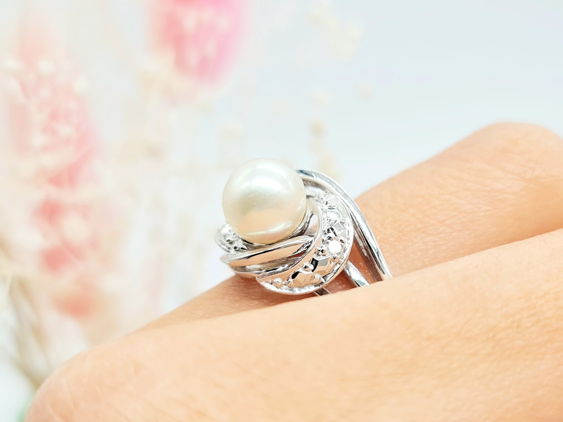 Vintage Ring mit Perle und Brillanten aus 585 14 KT Weißgold
